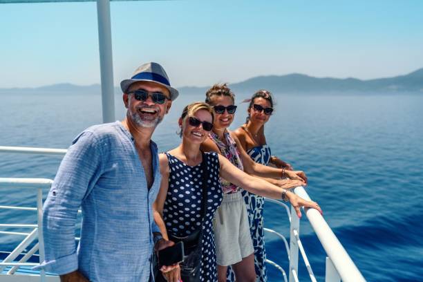Group of friends on the ferry boat deck on a sunny day traveling on vacation