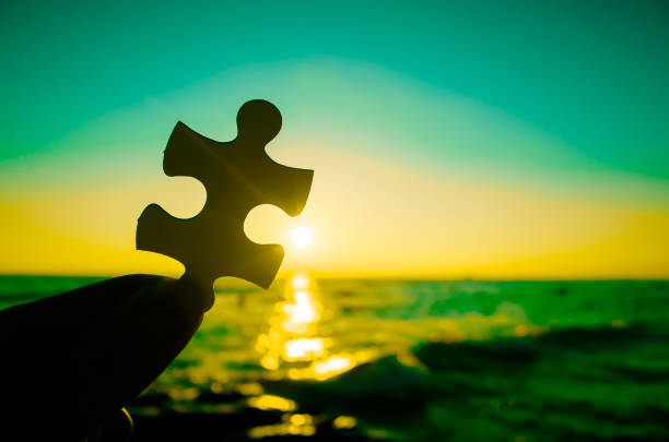 Puzzle silhouette, beach and sunset